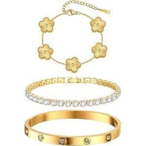 Womens Stackable Floral Gold Bracelets - 3Pcs 18K Gold Plated Bracelet,Stainless